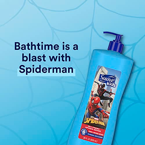 Suave Kids 3 in 1 Shampoo Conditioner Body Wash For Tear-Free Bath Time, Fresh Spider-Sense, Dermatologist-Tested Kids Shampoo 3 in 1 Formula 28 oz, Pack of 4