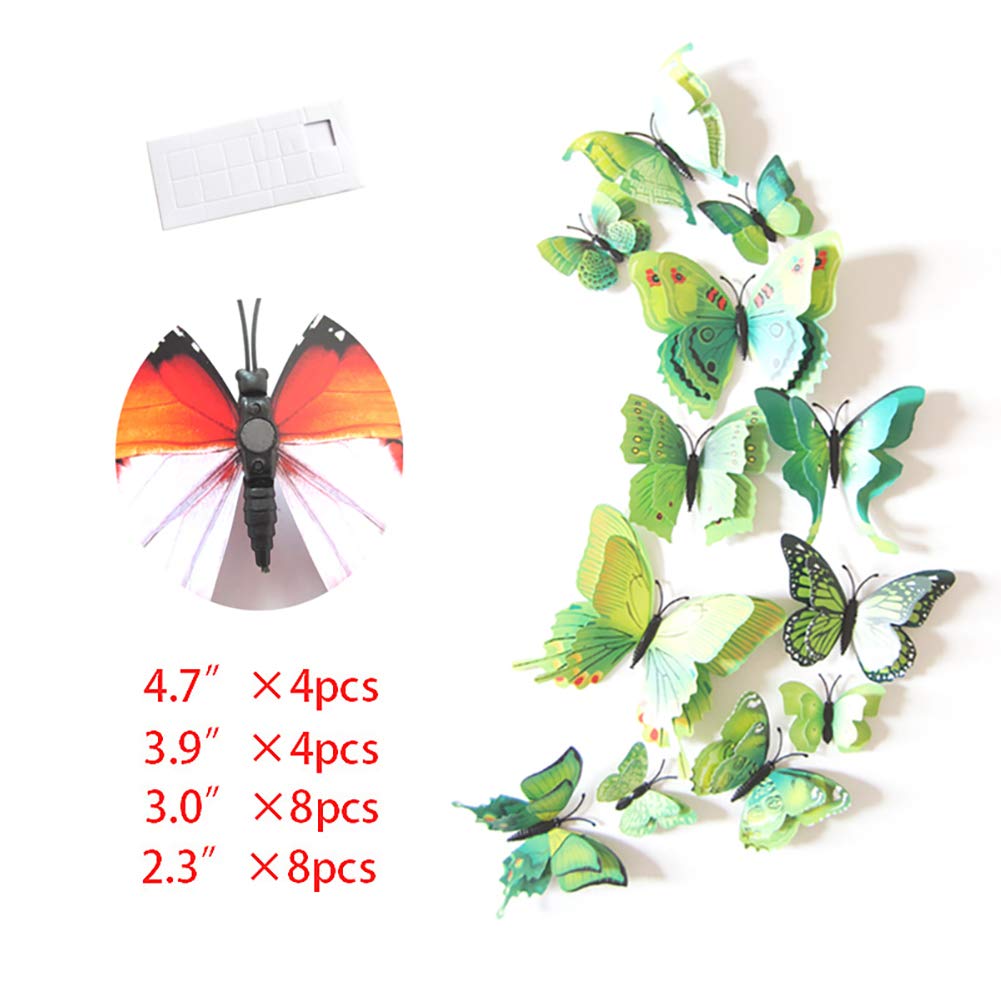 JYPHM 24PCS 3D Butterfly Wall Decal Double Wings Removable Refrigerator Magnets Stickers Decor for Kids Room Decoration Home and Bedroom Art Mural Green