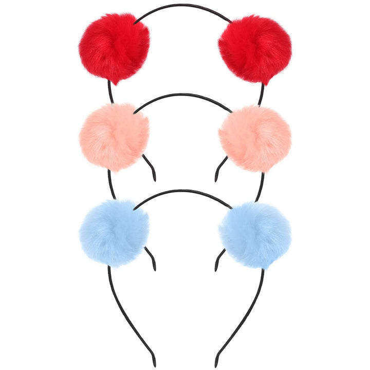 Frcolor Furry Headband, Pom Pom Ball Cat Ear Headband for Halloween Christmas Party Birthday Cosplay, 3Pcs