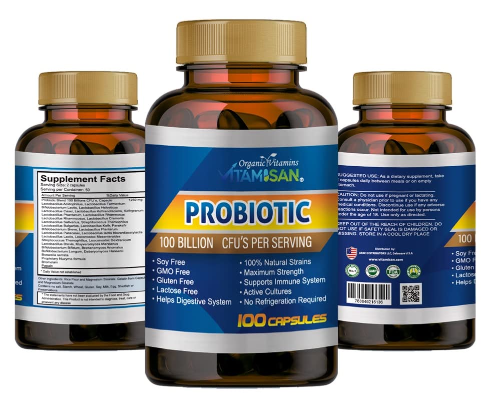 VITAMISAN Probiotics for Women, Probiotics for Men and Adults, Natural, Shelf Stable Probiotic Probiotic Supplement with Organic Prebiotic, Acidophilus Probiotic 100 caps