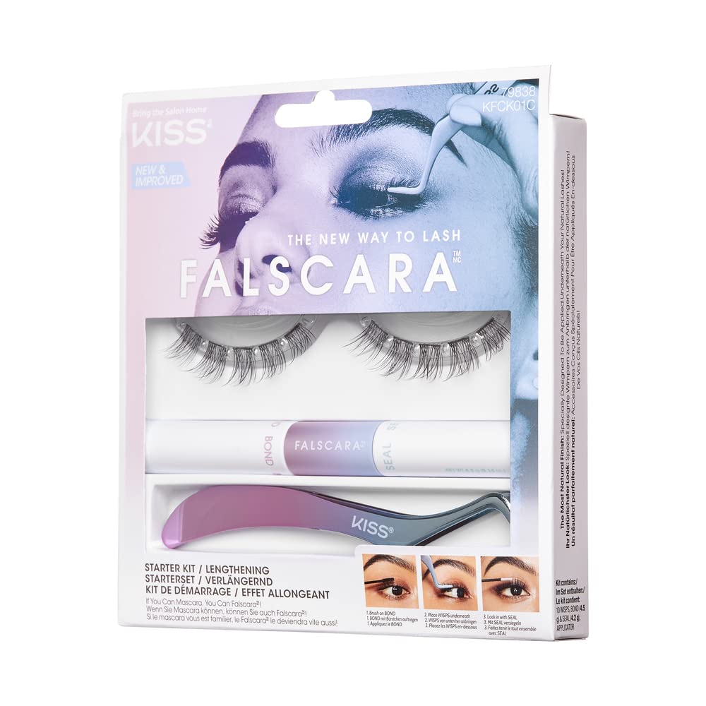 KISS Falscara DIY Lash Extension Starter Kit 10 Reusable Featherlight Eyelash Lengthening Wisps, Applicator, Bond & Seal
