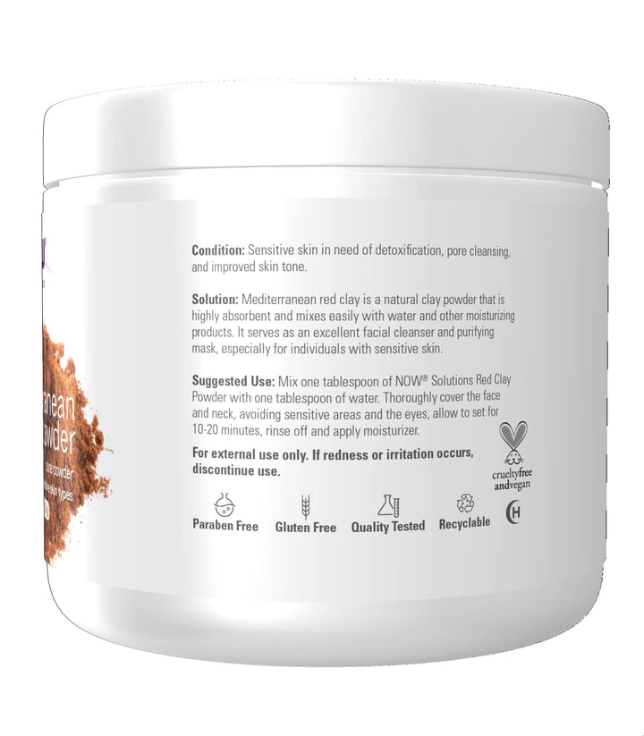 NOW Foods Solutions, Mediterranean Red Clay Powder, Pure Powder for Sensitive Skin Facial Mask, 6-Ounce