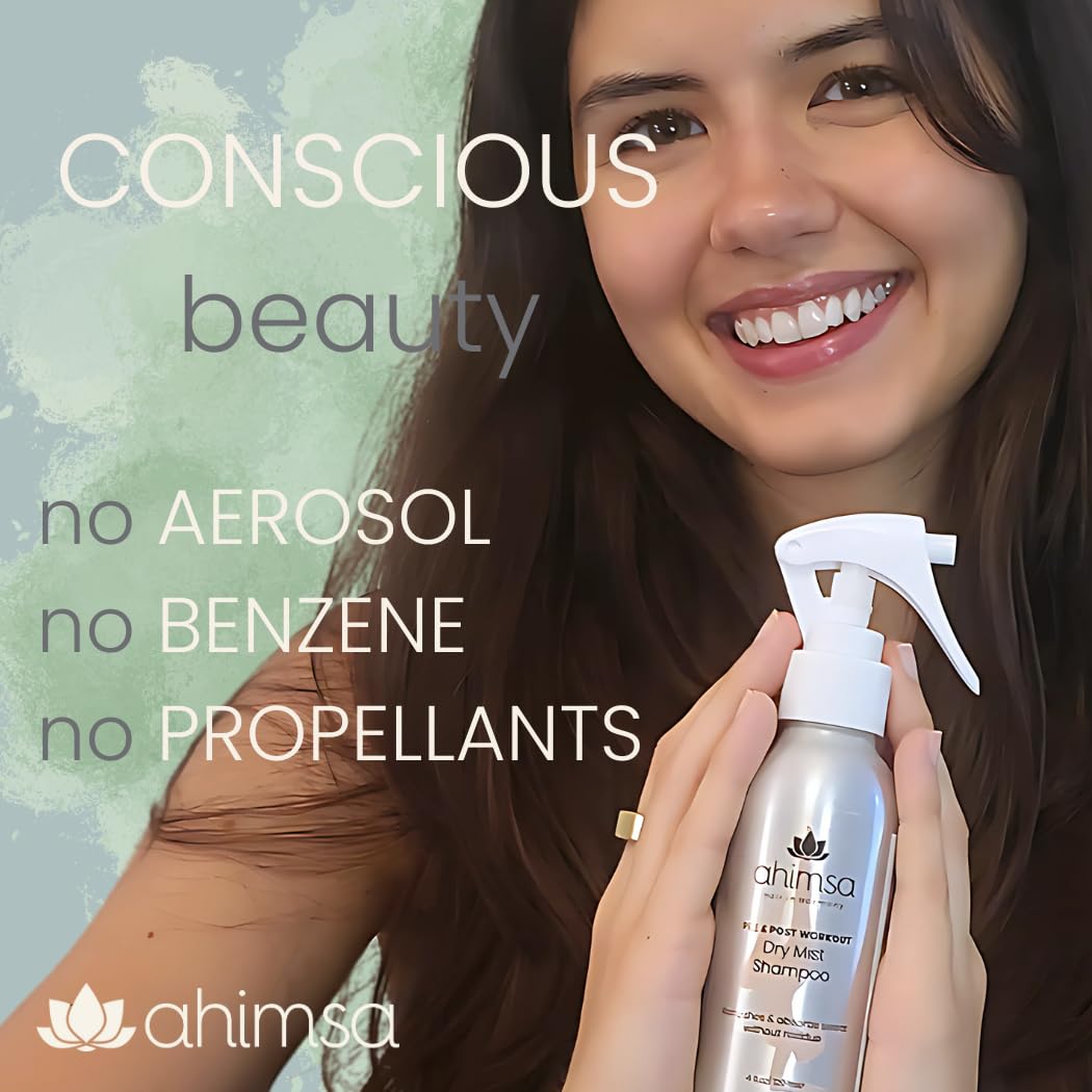Ahimsa Dry Mist Shampoo for Dark Hair, Improved Formula - Powder & Aerosol Free, Vegan & Cruelty Free, Workout Friendly