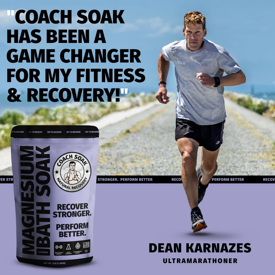 Coach Soak Recovery Bath Soak - Faster Absorption Than Epsom Salt for Pain - Rejuvenating Magnesium Flakes with 21 Minerals, Essential Oils & Bath Salts, 3lbs (Calming Lavender)