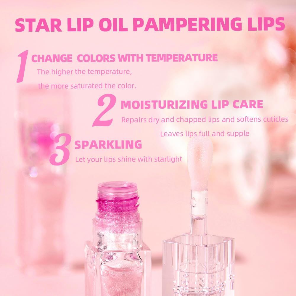Color Changing Lip Oil – Magic Glitter Gloss with Large Brush, Hydrating & Shimmery, Long-Lasting, Non-Sticky Lip Glow (1 PC)