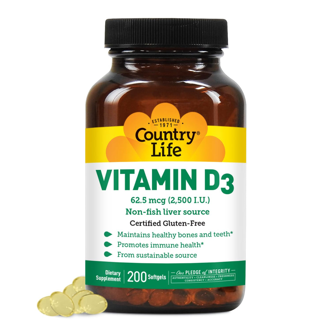 Country Life Vitamin D3 2500 IU Soft Gels, Larger, 200 sg, 200 Count