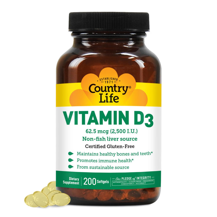 Country Life Vitamin D3 2500 IU Soft Gels, Larger, 200 sg, 200 Count