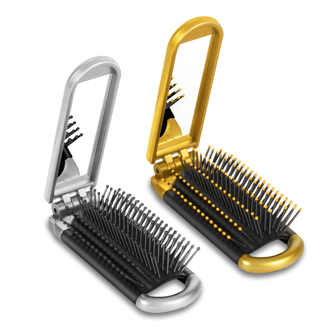 Yusong Mini Travel Hair Brush Set, Folding Hairbrush with Mirror For Women Girls Compact Pocket Size Comb For Purse, Gym, Trip, Swiming (2pcs, Gold&Silver)