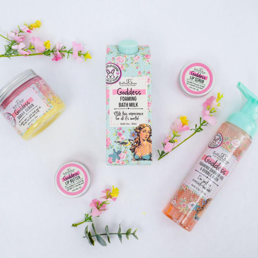 Bella & Bear Goddess Mega Bath & Body Gift Set with Foaming Shower Gel & Bubble Bath, Bath Milk, Body Scrub & Lip Scrub and Lip Butter - Gift for Women for Easter gifts or Mothers Day basket.