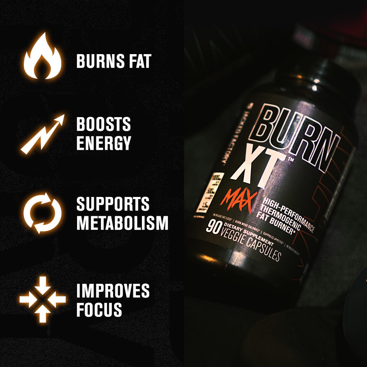 Jacked Factory Burn-XT Max - High-Performance Thermogenic Fat Burner & Appetite Suppressant for Weight Loss w/PurCaf Organic Caffeine, MitoBurn, Green Tea, Acetyl L Carnitine & More - 90 Capsules
