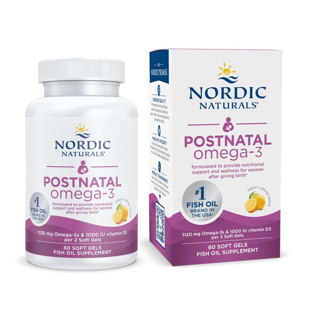 Nordic Naturals Postnatal Omega-3, Lemon - 60 Soft Gels - 1120 Total Omega-3 + 1000 IU Vitamin D3 - Formulated for New Moms; Supports Optimal Wellness, Positive Mood, Healthy Metabolism - 30 Servings