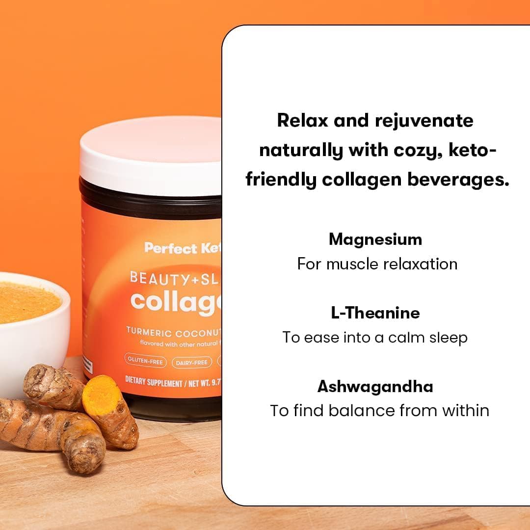 Perfect Keto Beauty + Sleep Grass Fed Collagen Peptides Protein Powder with Ashwagandha, Magnesium, Biotin, Hyaluronic Acid, L Theanine, Hair, Skin, Nails & Relaxation Support, Turmeric Coconut Latte