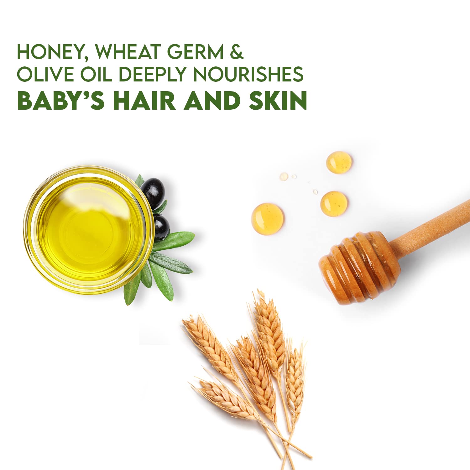 WBM Care 3-in-1 Baby Shampoo, enriched with honey, wheatgerm, and organic olive oil, nourishes baby hair with a gentle, tear-free formula for healthy care