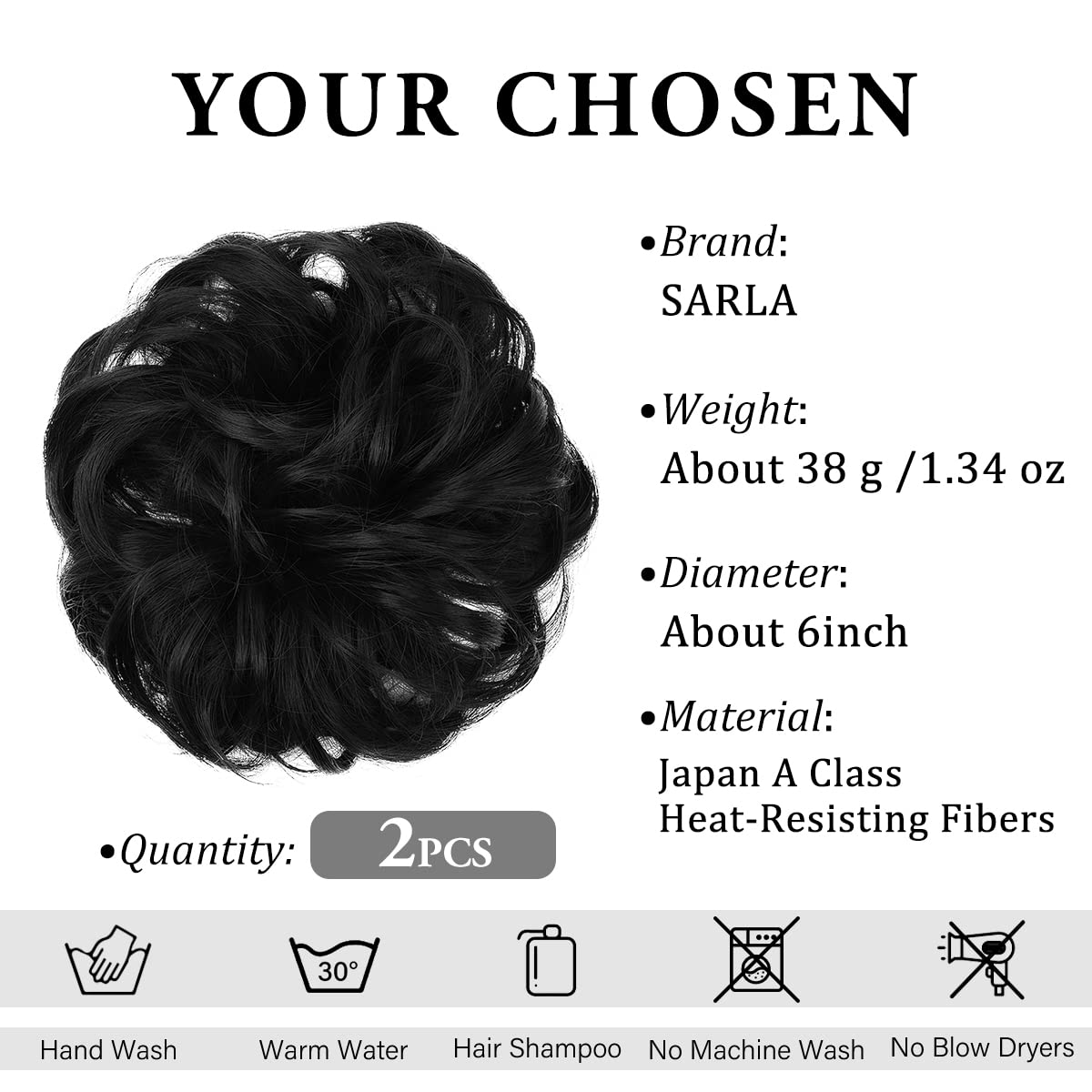 SARLA 2PCS Messy Hair Bun Hair Pieces Wavy Curly Synthetic Updo Fake Scrunchies Ponytail Extension for Women Jet Black