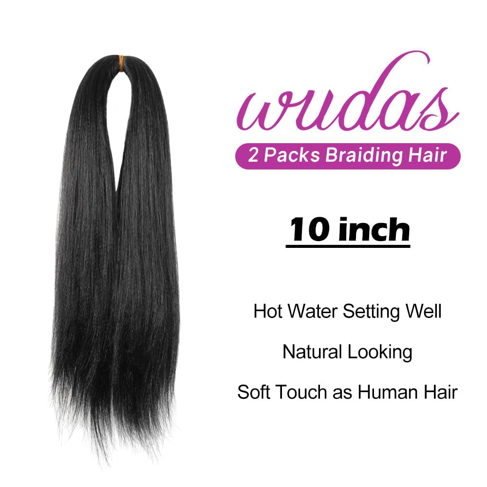 WUDAS Black Braiding Hair 10 Inch Short Pre Stretched Hair Straight Yaki Texture Synthetic Hair Extensions Softness (2 Packs,1B)