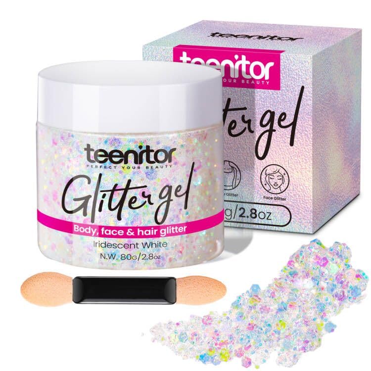 Teenitor Body Glitter, Face Glitter, White Glitter, 80g/2.8oz Face Body Glitter, Hair Glitter Gel, Rave Glitter, Mermaid Makeup Glitters for Kids