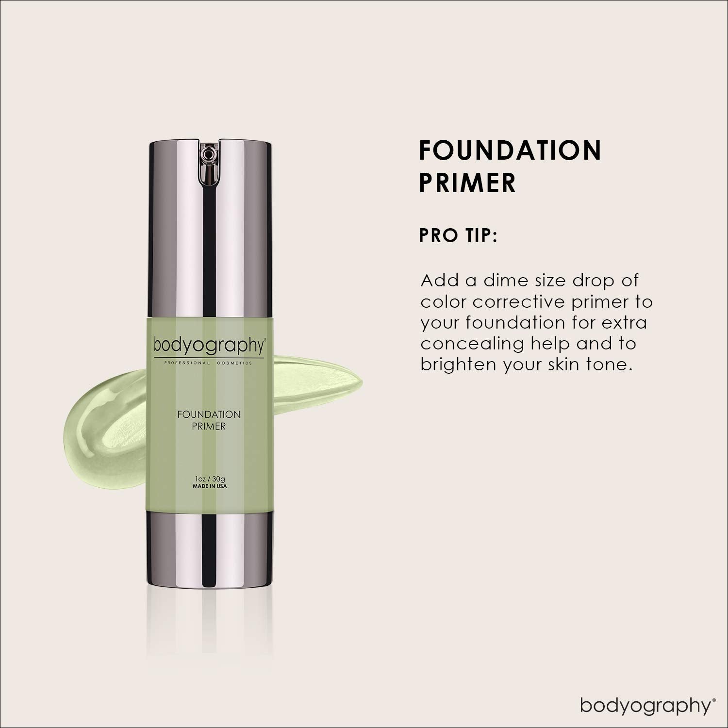 BODYOGRAPHY - Foundation Primer (Green): Flawless Anti-Aging Salon Makeup Primer w/Vitamin E, A, Jojoba, Grapeseed Oil | Control Shine | Gluten-Free, Cruelty-Free, 1 oz.