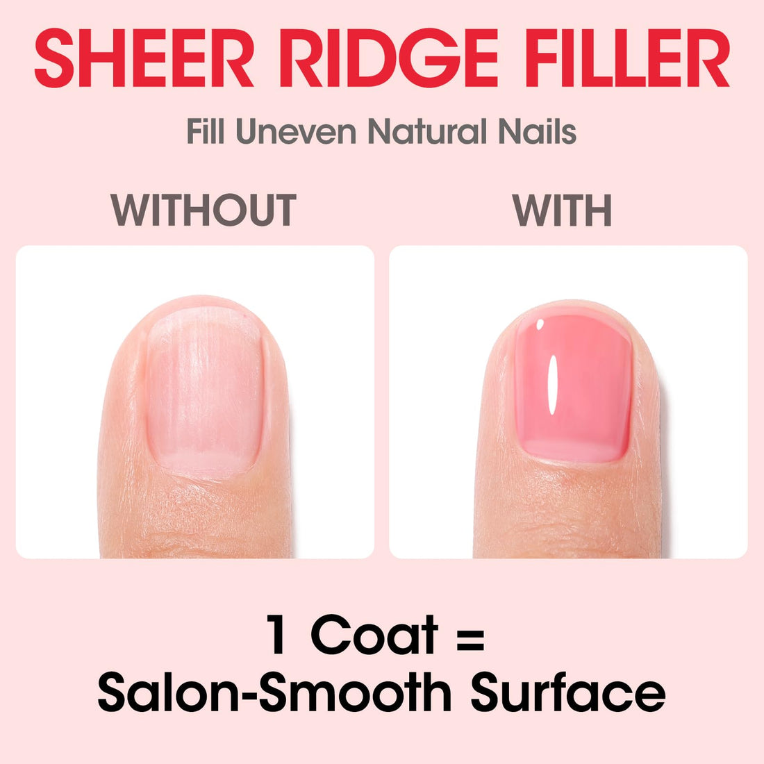 Gellen 4-in-1 Clear Nail Polish Base Coat Sheer Tinted Red, Ridge Filler, Nail Strengthener & Concealer, Calcium Formula Strengthens Nails, Natural Color Enhances Natural Look, No HEMA, Anti-yellowing