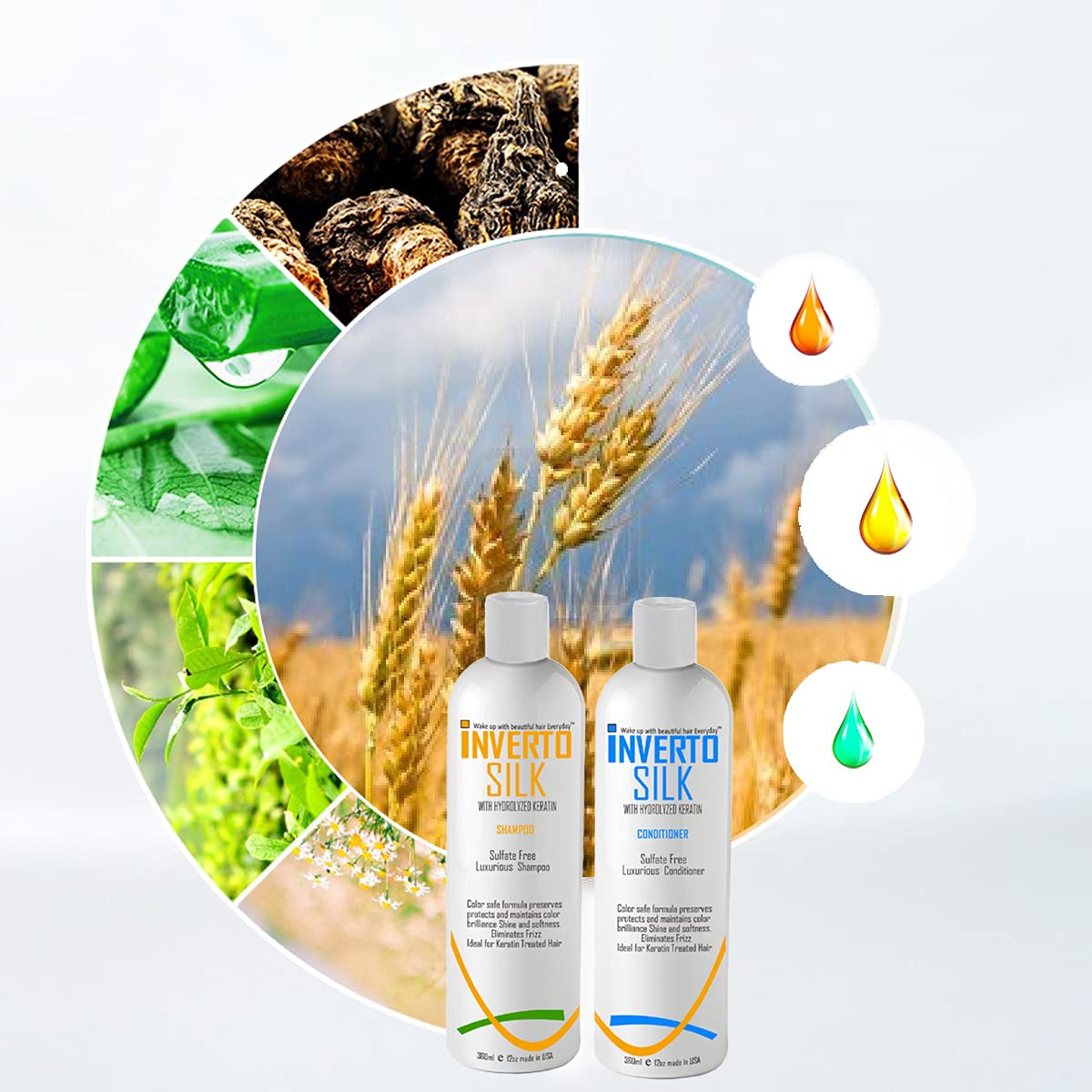 INVERTO SILK with ROUCOU OIL Luxurious Sulfate Free Shampoo and Conditioner Two Bottles Value Set 2 x 360ml Protect Hair Color Eliminate Frizz by Keratin Research