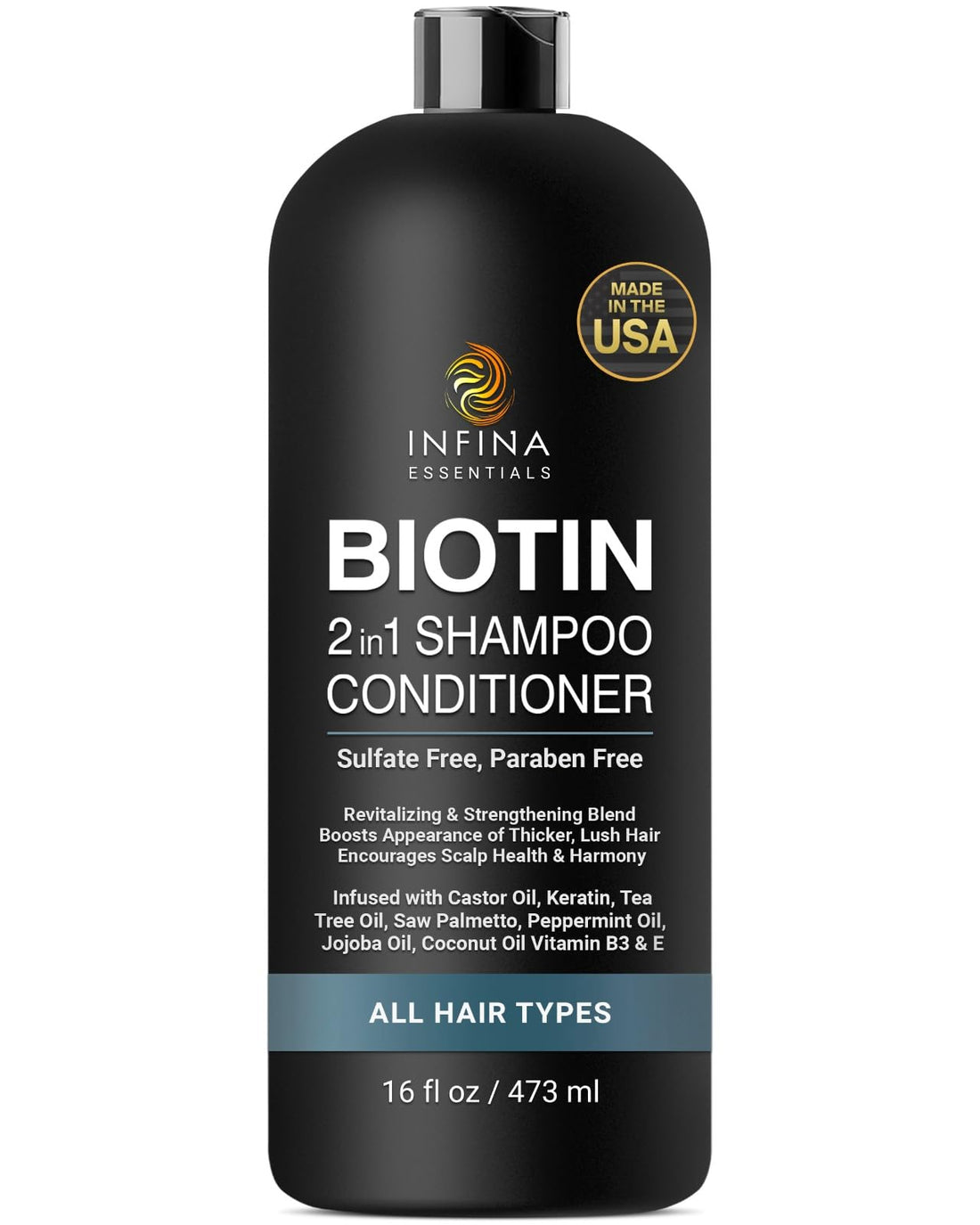 INFINA ESSENTIALS Biotin 2-in-1 Shampoo and Conditioner for Men & Women – Hair Thickening & Strengthening Shampoo with Saw Palmetto, Keratin, Caffeine & Vitamin E – Convenient Daily Use – 16 fl oz