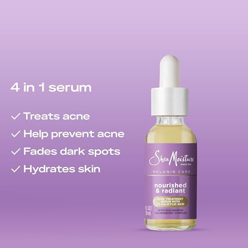 SheaMoisture Melanin Care 4-in-1 Acne Treatment Serum with 2% Salicylic Acid Nourished & Radiant for Calming, Hydrating & Treating Acne, with Niacinamide +Elderberry Complex, 1 Fl oz