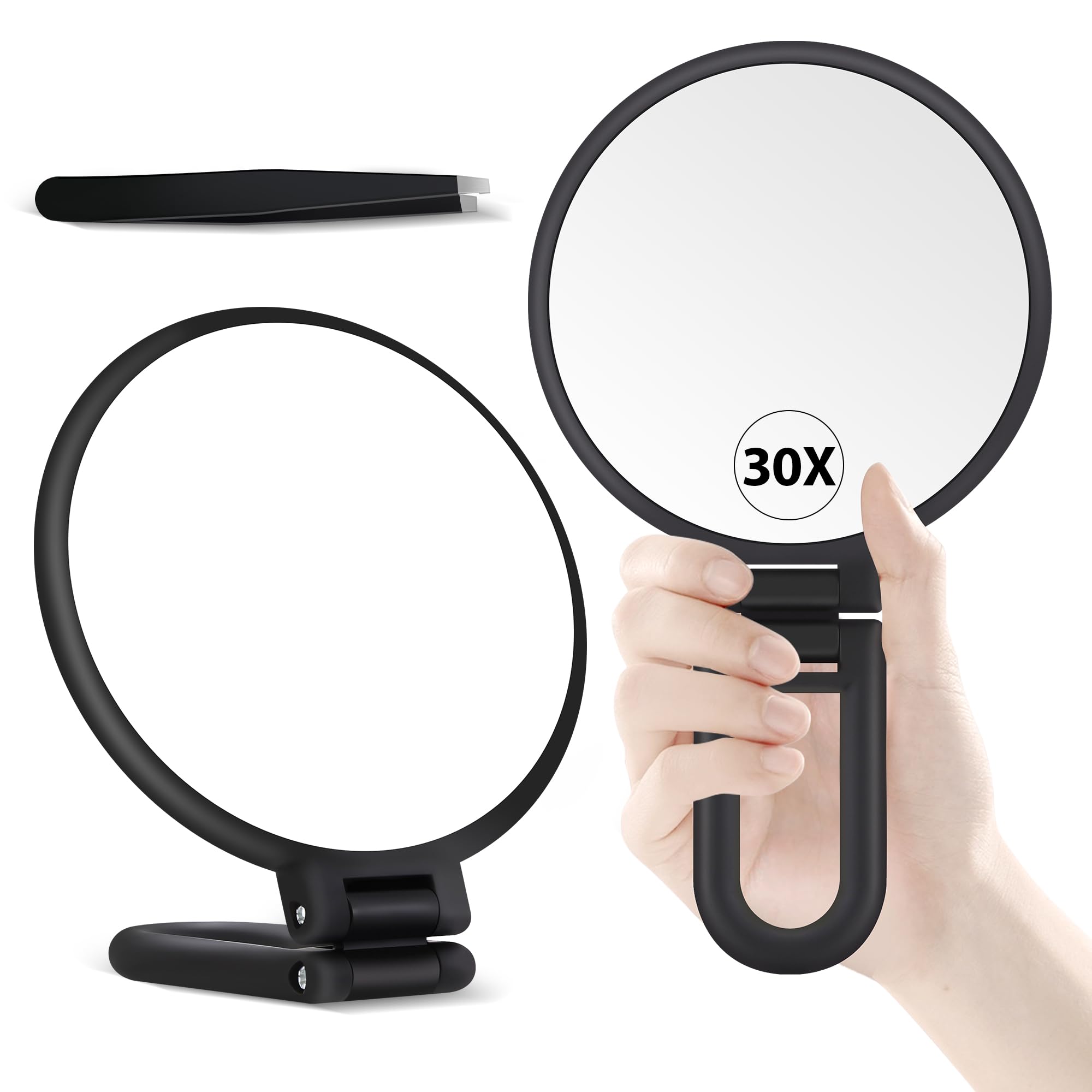 B Beauty Planet 30X Magnifying Mirror, Hand Mirror with Handle, Double Sided Hand Mirror with 30X/1X Magnification, Travel Essential Portable Foldable Makeup Mirror for Precision Makeup Black