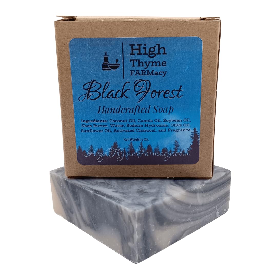 High Thyme FARMacy Black Forest Soap - 5 ounce Bar of Handmade Deep Musk & Sandalwood Scented Soap - Sweet, Earthy Lye Soap with Activated Charcoal - Moisturizing Bath Soap