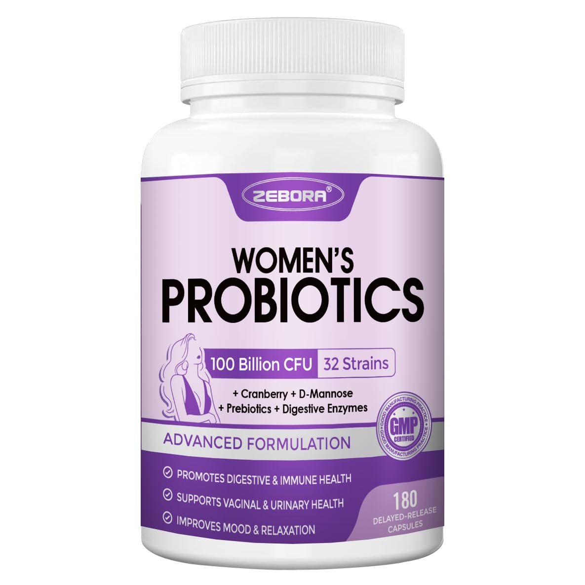 ZEBORA Probiotics for Women Digestive Health with Enzymes & Prebiotics, Vaginal Probiotics with D Mannose & Cranberry, 100 Billion CFUs Probiotic for Gut Health & Urinary Tract Balance, 90 Servings