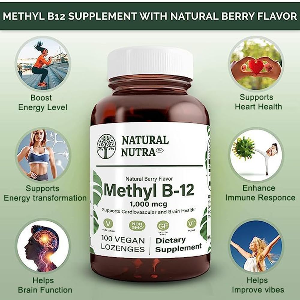 Natural Nutra Vegan Methyl B12 1000mcg, Heart Health and Energy Booster Supplement, Gluten Free, Support Energy Transformation, Enhance Immune Response, Help Brain Function, 100 Vegan Lozenges