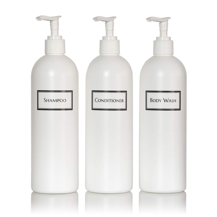 Artanis Home Silkscreened Empty Shower Bottle Set for Shampoo, Conditioner, and Body Wash, Cosmo/Bullet 16 oz 3-Pack, White (White Pumps)