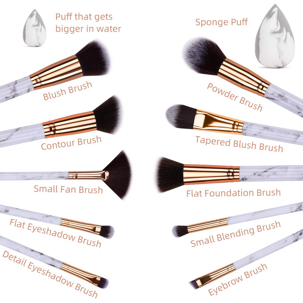 HEYMKGO Makeup Brushes Professional Marble Makeup Brush Set, Soft and Odor-free Natural Synthetic Bristles,10PCS + 2 Sponge Puff + Marble Pattern Cosmetics Bag