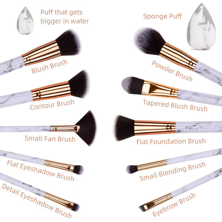 HEYMKGO Makeup Brushes Professional Marble Makeup Brush Set, Soft and Odor-free Natural Synthetic Bristles,10PCS + 2 Sponge Puff + Marble Pattern Cosmetics Bag