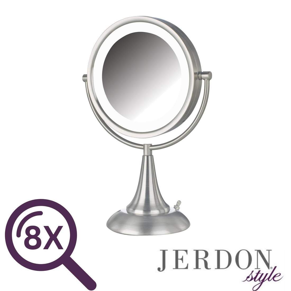 Jerdon HL8510NL 8.5-Inch Tabletop Two-Sided Swivel LED Lighted Vanity Mirror with 8x Magnification, Nickel Finish