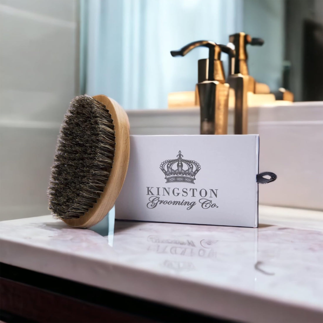 Kingston Grooming- Professional Quality, 100% Natural Wooden Dual Boar Hair Bristle Beard and Hair Brush for Men. Solid Beechwood and Engraved Contour Design with Travel Case.