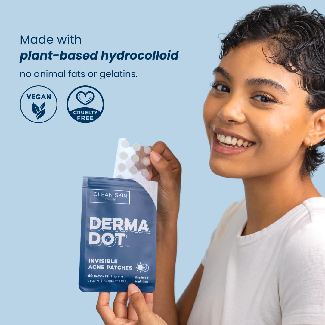 Clean Skin Club 60 Invisible Vegan Pimple Patches, Derma Dot Hydrocolloid for Covering Zits, Blackhead, Blemish, Absorbing Face Cover Sticker, Skincare Treatment, Non Toxic Ingredients