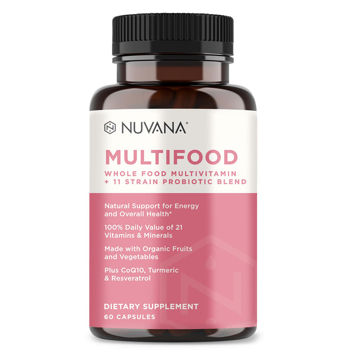 Nuvana Multifood Whole Food Multivitamin for Women | 21 Organic Fruits & Vegtables | Tumeric Boosts Energy, Supports Gut & Immune Health | Prebiotics & Probiotics | 60 Capsules