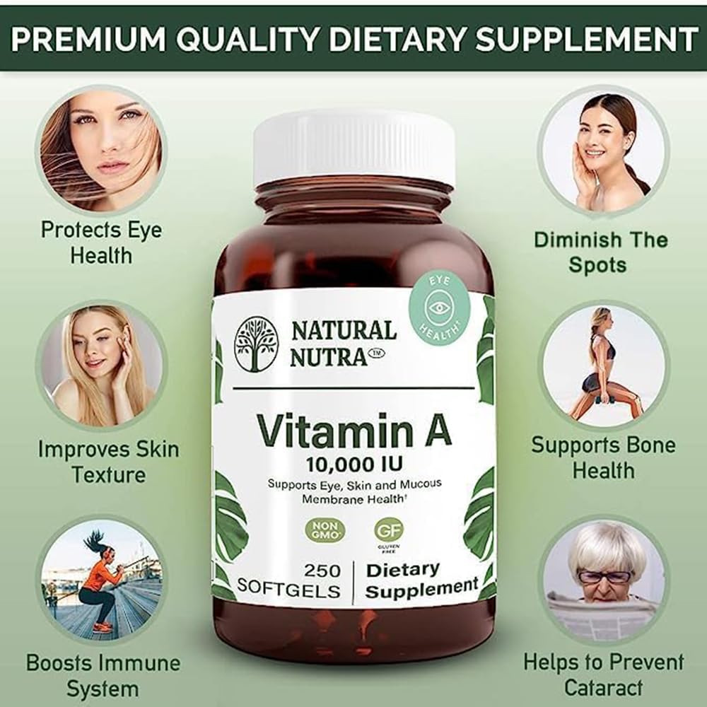 Natural Nutra Vitamin A 10,000 IU Softgels – High Potency Eye and Skin Vitamins – Gluten-Free Vitamin A Supplement for Sight & Skin Health – Fish Liver Oil for Men and Women, Gluten Free 250 Softgels