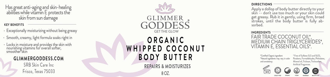 GLIMMER GODDESS Organic Vegan Whipped Coconut Oil & Vitamin E Body Butter With Lavender Lemon, Moisturizing, Anti-aging, Skin Repairing, 8 oz.