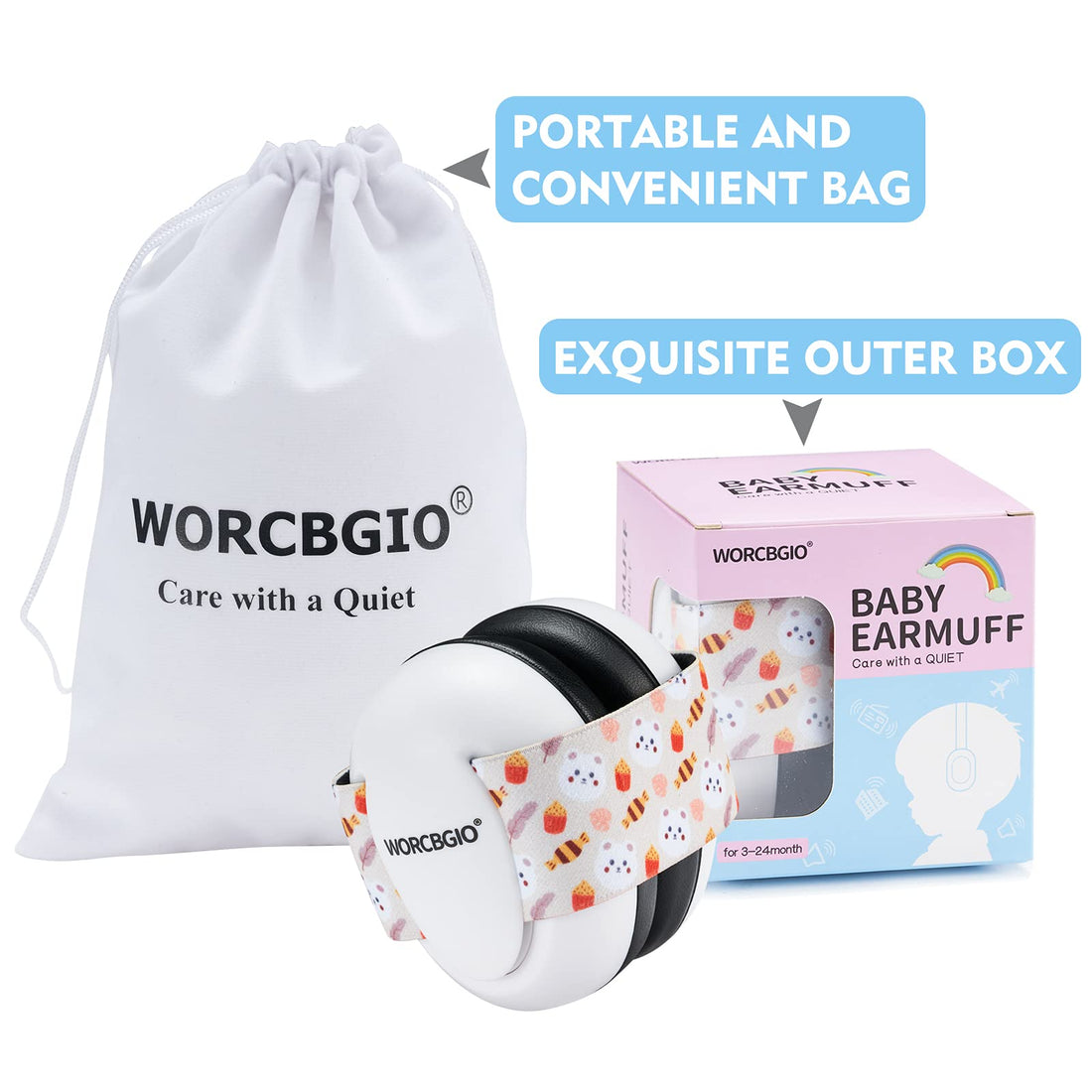 WORCBGIO Infant Ear Protection Headphones with Adjustable Elastic Headband&Comfortable White Muffs Baby Earmuff Helps Sleep Well & Reduce Noise (Gypsophila, Pink