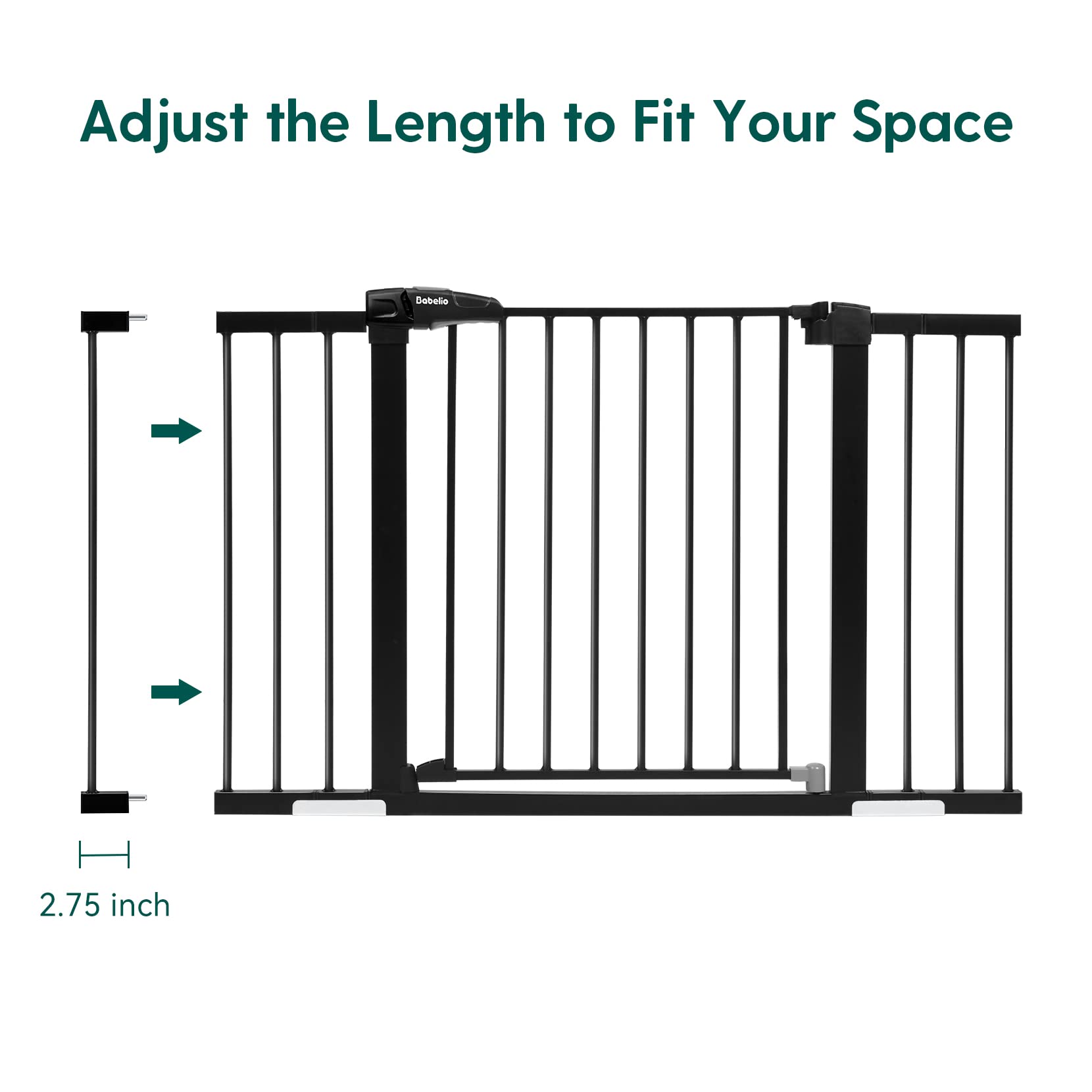 BABELIO Metal Baby Gate, 2.75 Inch Black Extension, Extra Wide Baby Gates for Stairs & Doorways, Pressure Mounted Walk Thru Child Gate with Door, NO Need Tools NO Drilling,28 Tall