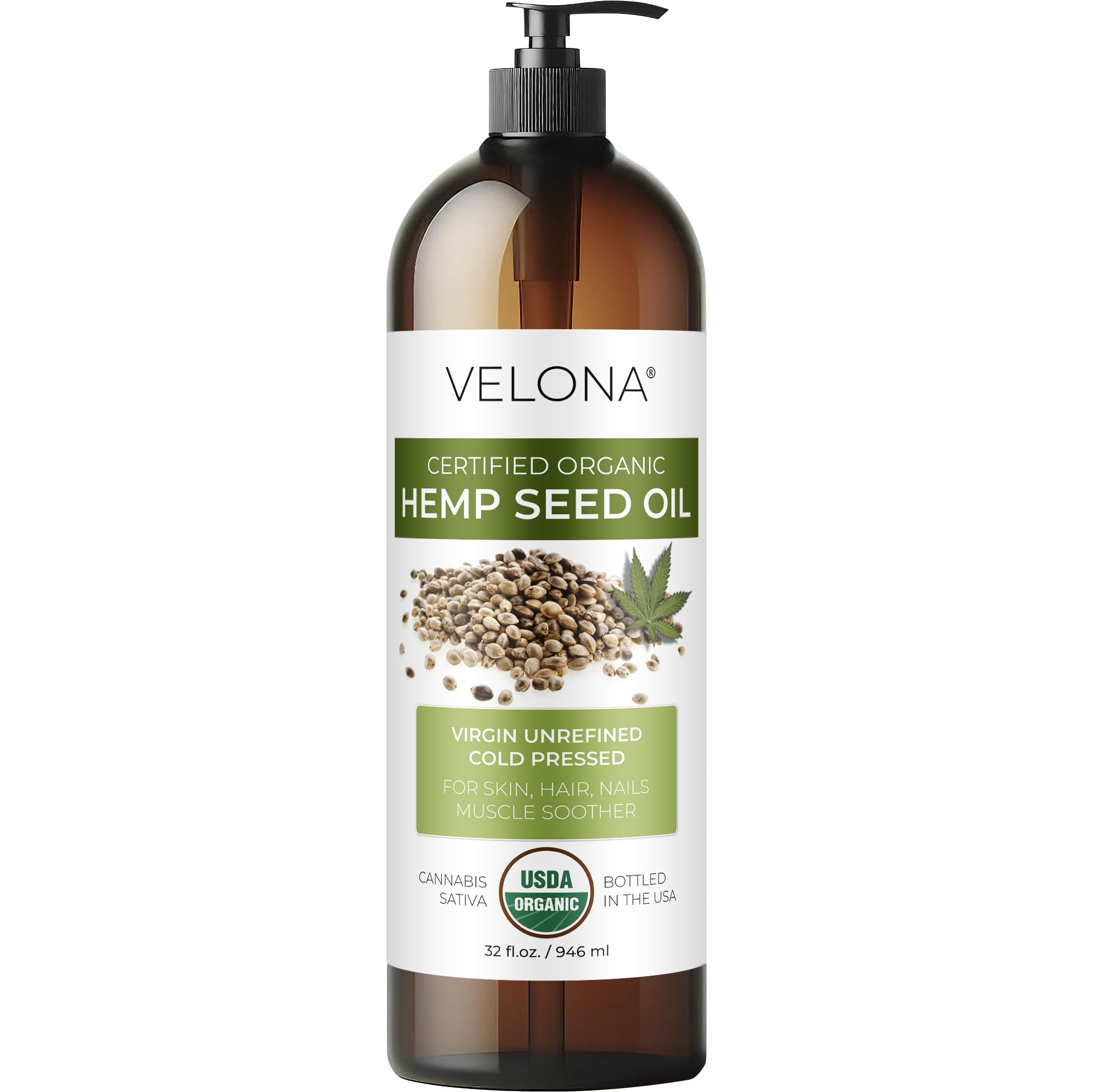 velona Hemp Seed Oil USDA Certified Organic - 32 fl oz | 100% Pure and Natural Carrier Oil | Unrefined, Cold Pressed | Hair, Body, Face & Skin Care