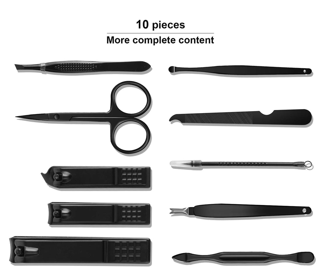 Manicure Set, Travel Nail Clippers Kit Pedicure Care Tools, 10pcs Stainless Steel Grooming kit (Black)
