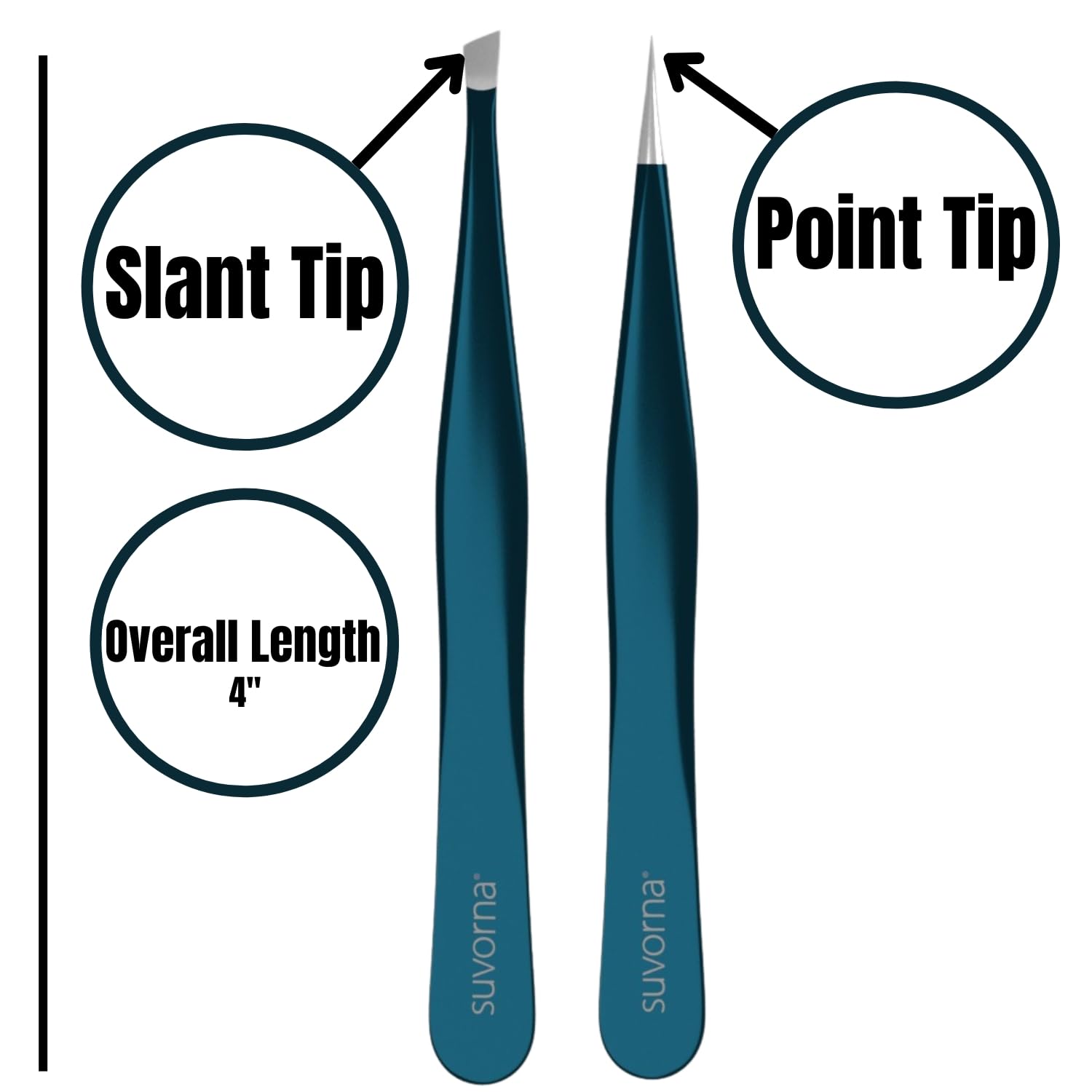 Suvorna 4 Precision Aligned Professional Tweezers Color Sets with Premium Stainless Steel. One Sharp Pointed Pair and One Slant Tip Pair for Eyebrow Shaping. Great for Ingrown Hair (Green)