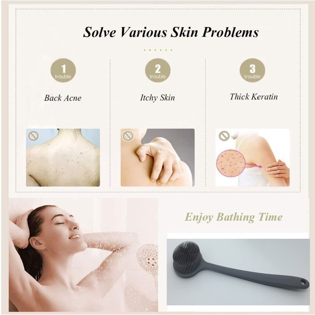 Cinlitek Silicone Body Scrubber - Long Handle Back Scrubber, Shower Exfoliator