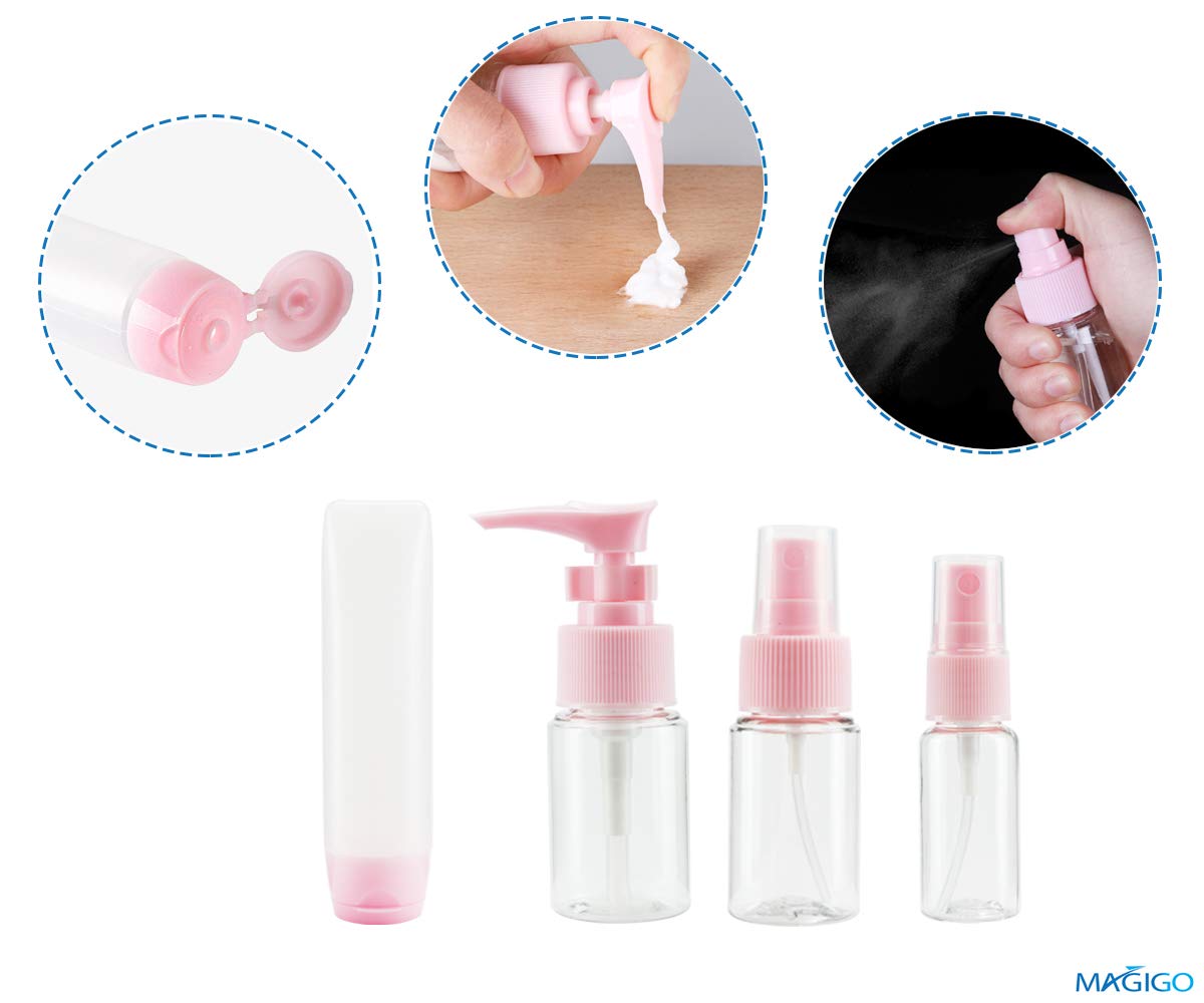 MAGIGO Pink Toiletries Leak Proof Travel Bottle Set (16 Pack), TSA Approved Airline Carry-On with Clear Bags for Women