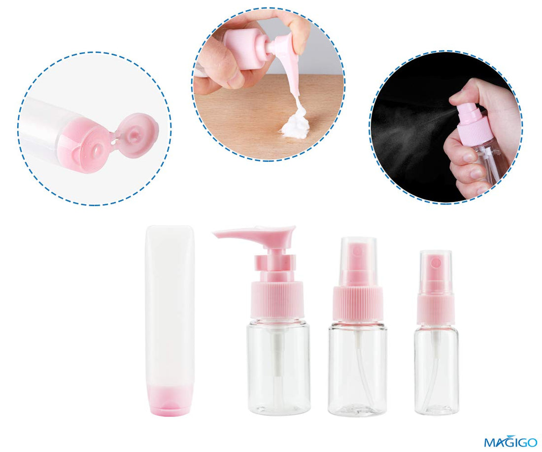 MAGIGO Pink Toiletries Leak Proof Travel Bottle Set (16 Pack), TSA Approved Airline Carry-On with Clear Bags for Women