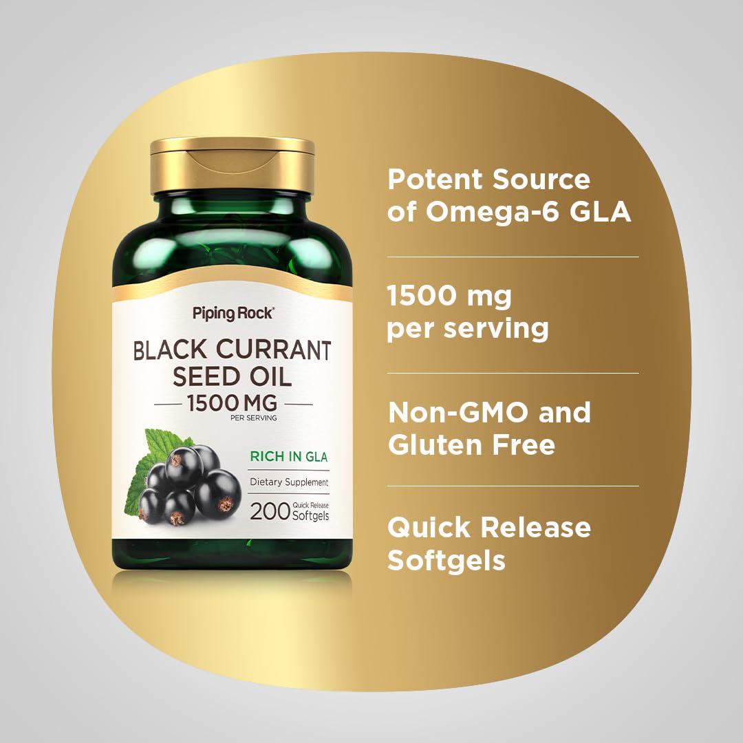 Piping Rock Black Currant Seed Oil Softgel Capsules | 1500mg | 200 Count | with Gamma Linolenic Acid (GLA) | Non-GMO, Gluten Free Supplement