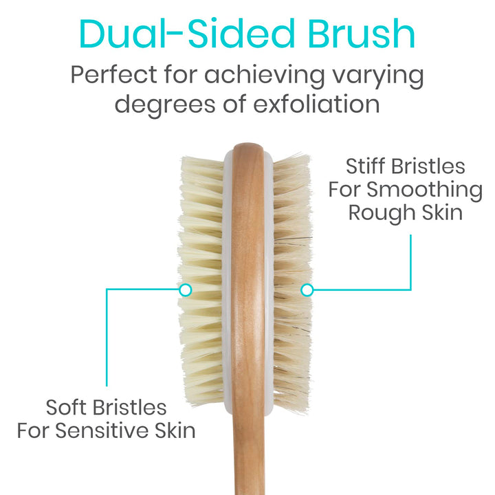 Vive Shower Brush - Dry Skin Body Exfoliator - Shower and Bath Scrubber For Wash Brushing, Exfoliating, Cellulite, Foot Scrub, Leg Exfoliant w/Soft and Stiff Massage Bristles - Wooden Long Handle