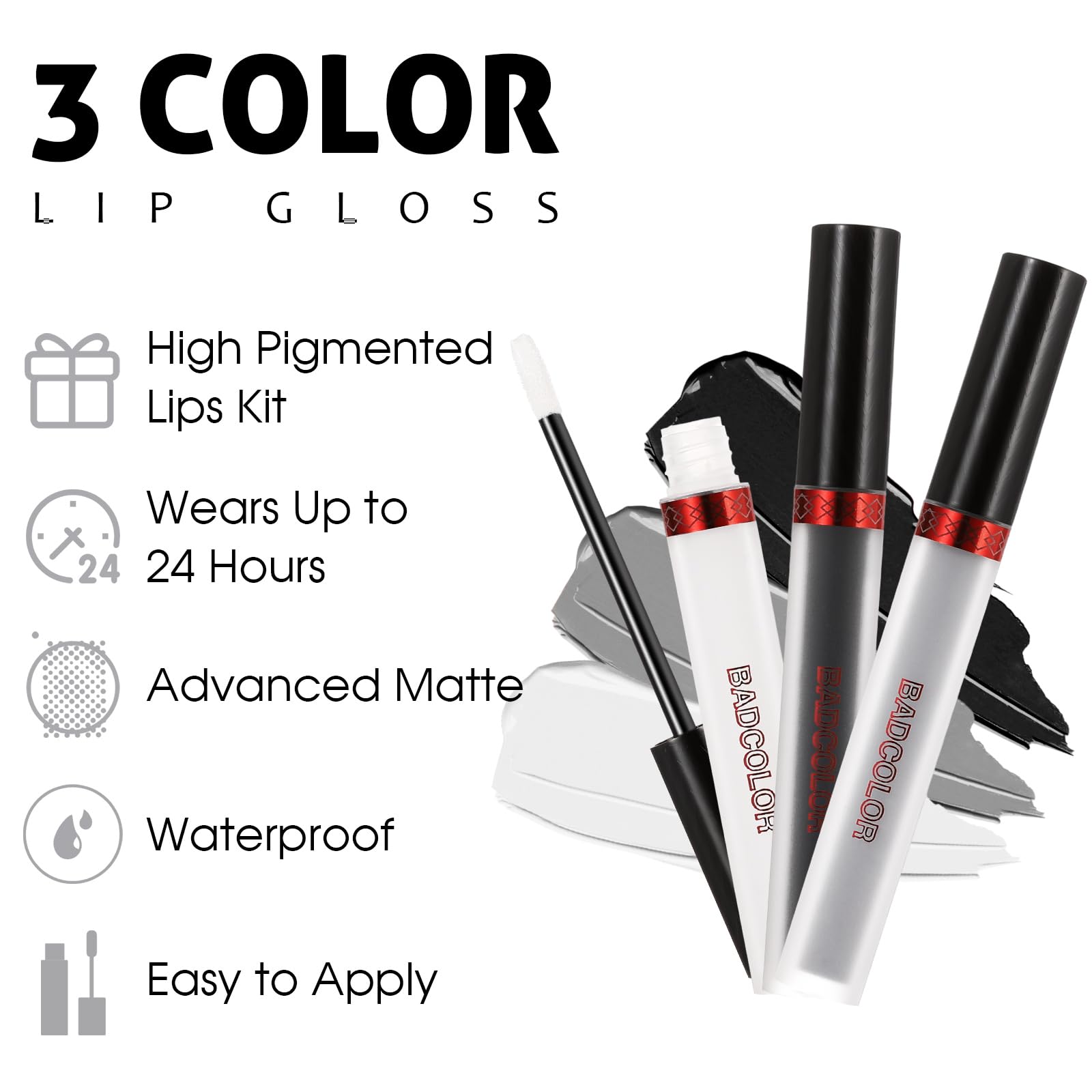 BADCOLOR 3 Colors Matte Liquid Lipstick Set, Black White Grey Halloween Makeup Lip Stain, Highly Pigmented Smudge Proof Waterproof Velvet Lip Gloss Set