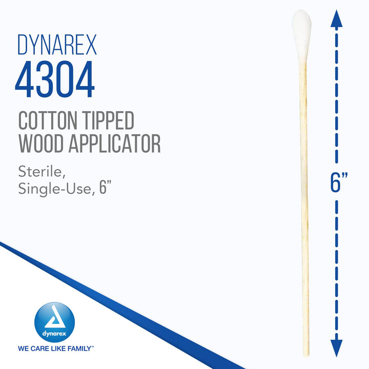 Dynarex 6-Inch Sterile Cotton Tipped Applicators - Single-Use Wooden Cotton Tip Applicators for Wound Care & Dressing, Hygiene, Makeup, Cleaning - 1 Box of 100 Pouches, 1 per Pouch